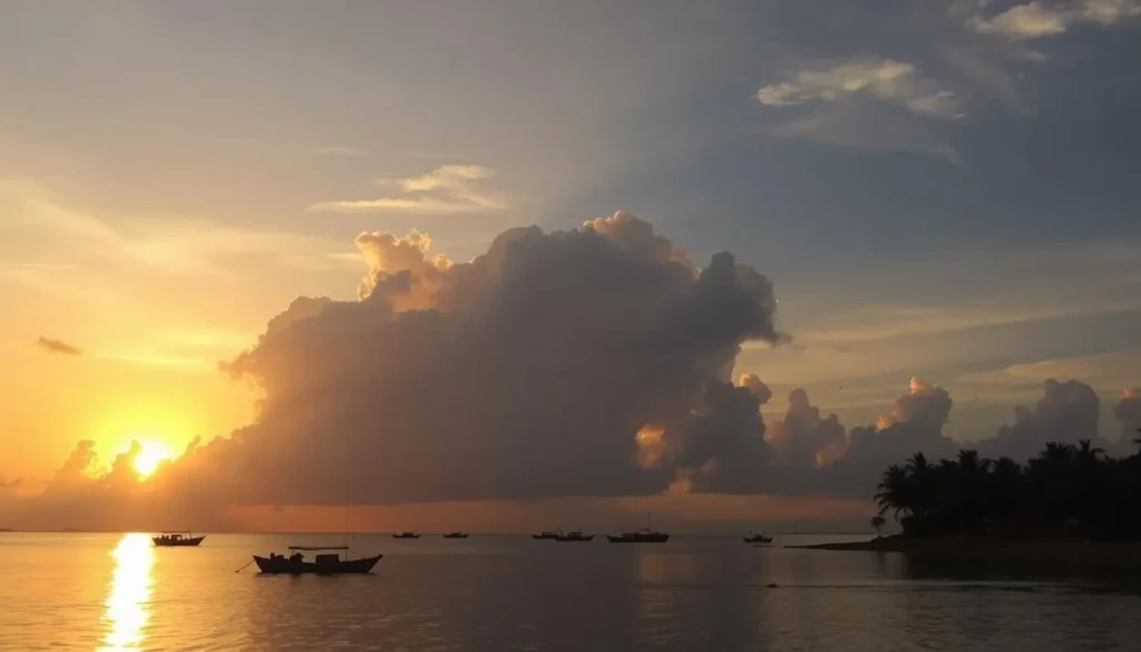 Sunset over Siguanea Bay in Isla de la Juventud with small fishing boats