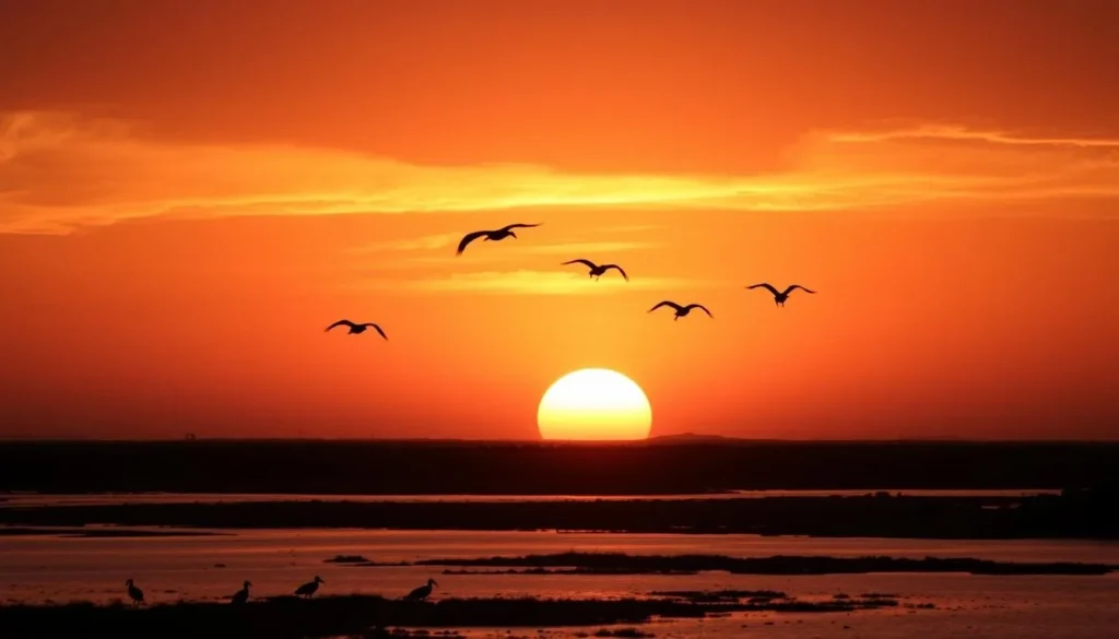 Sunset over Souss-Massa National Park with silhouettes of birds flying over wetlands