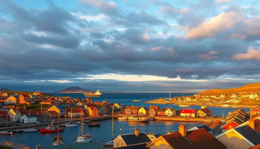Sunset over Stanley harbor with colorful houses and boats, East Falkland Island