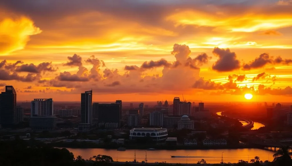 Sunset over Surabaya skyline with golden light illuminating the city