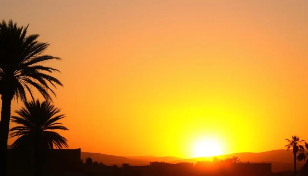 Sunset over Tan-Tan Morocco with silhouette of desert landscape