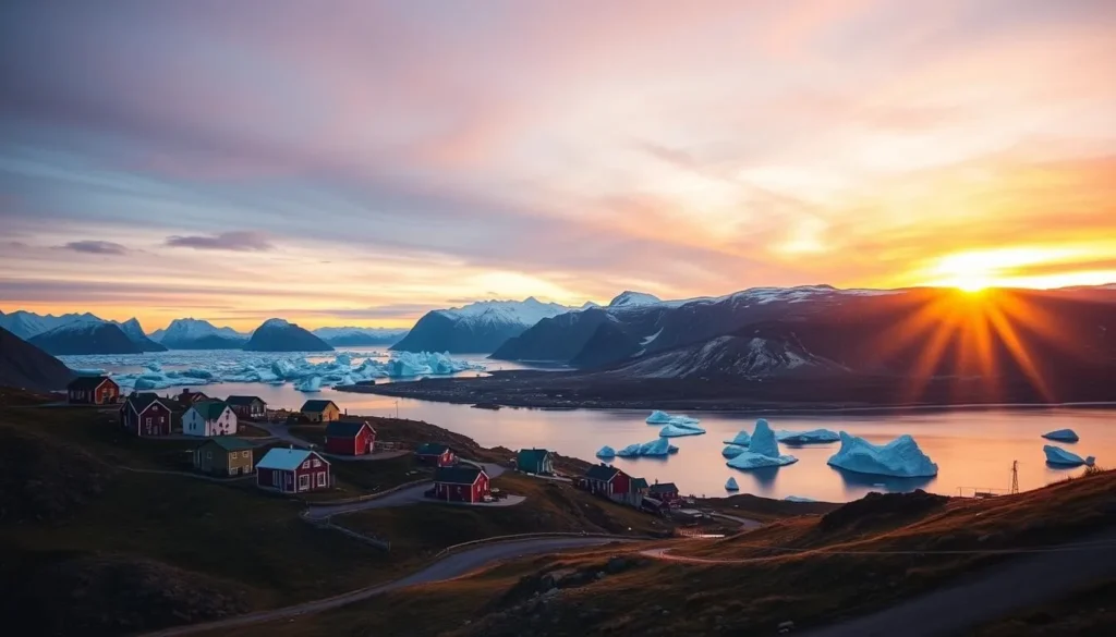 Sunset over Tasiilaq with colorful houses and icebergs in fjord