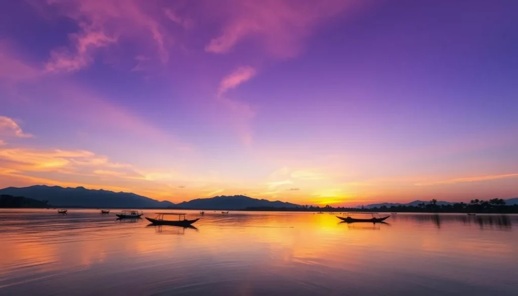 Sunset over Tha Ngon Lake with silhouettes of traditional fishing boats