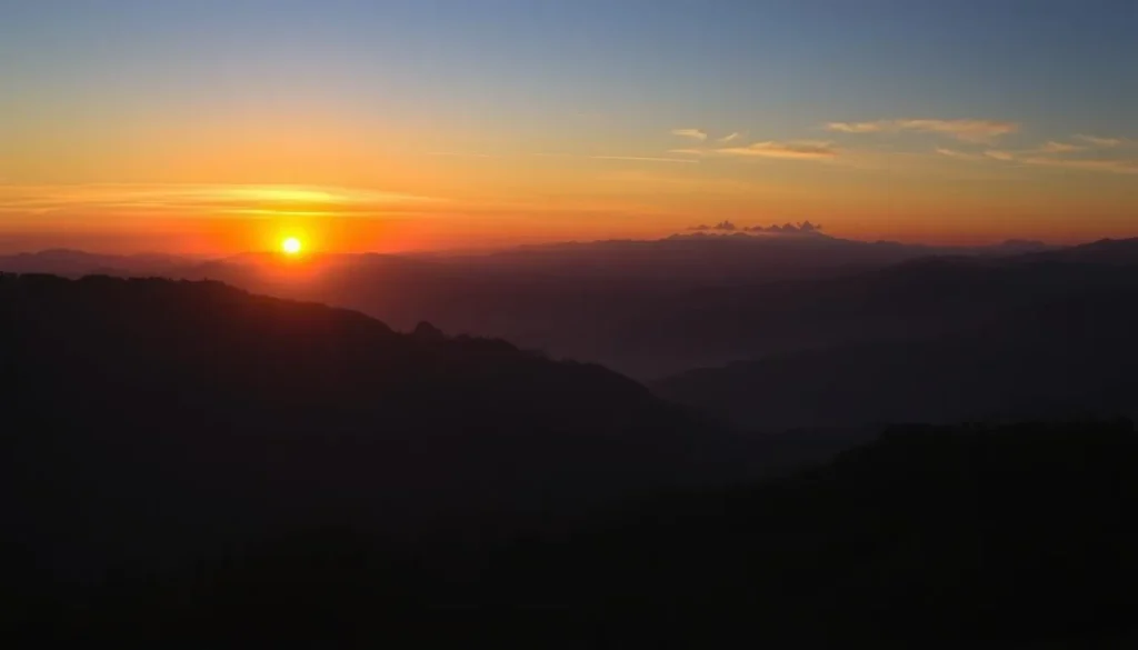 Sunset over Thrumshingla National Park with dramatic mountain silhouettes