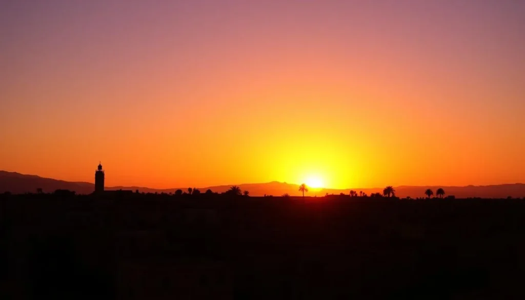 Sunset over Tifelt, Morocco with traditional buildings silhouetted against orange sky