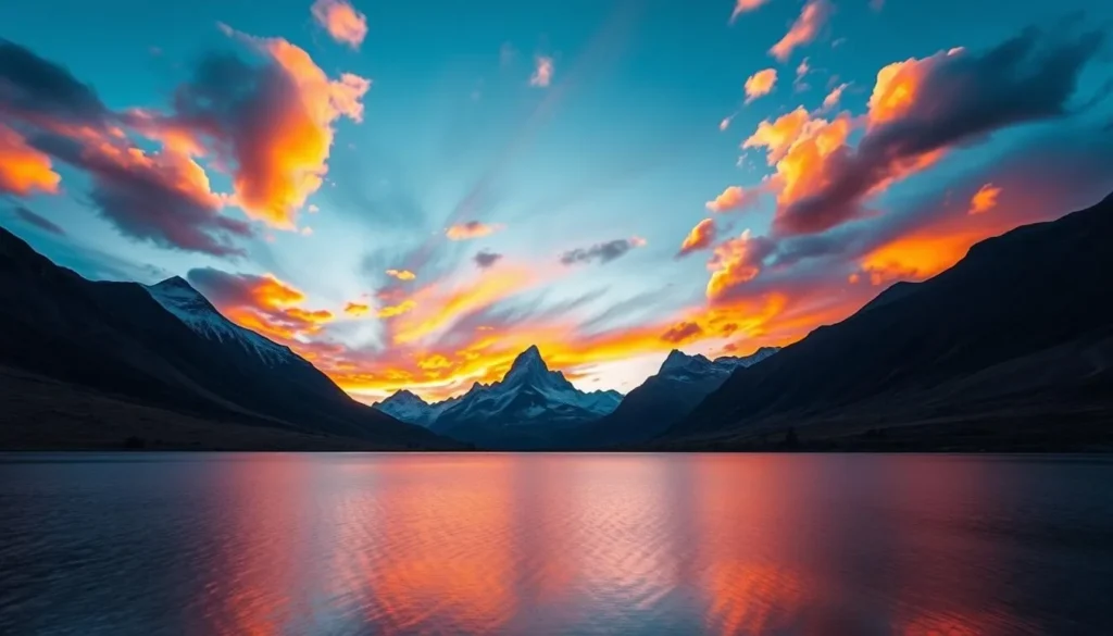 Sunset over Torres del Paine with dramatic clouds and golden light illuminating the mountains