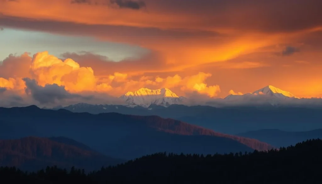Sunset over Torsa Strict Nature Reserve mountains with golden light on peaks