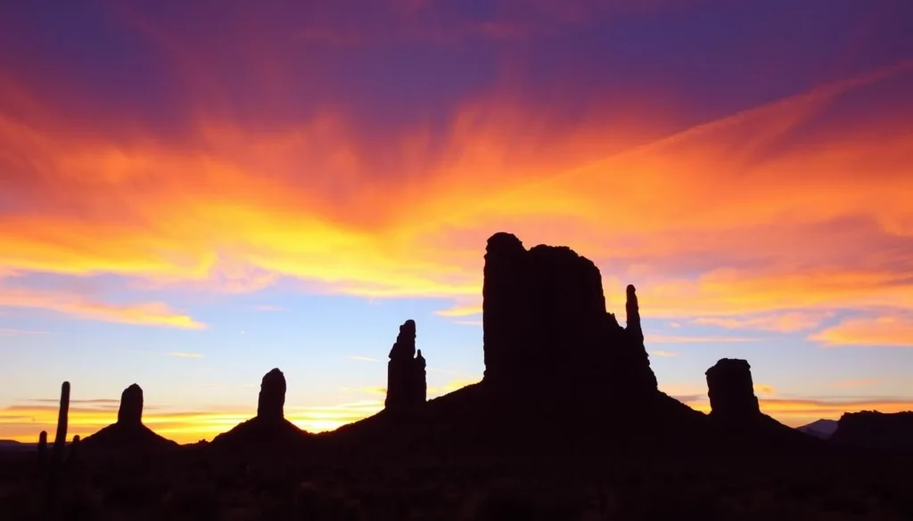 Sunset over Tupiza with silhouettes of rock formations