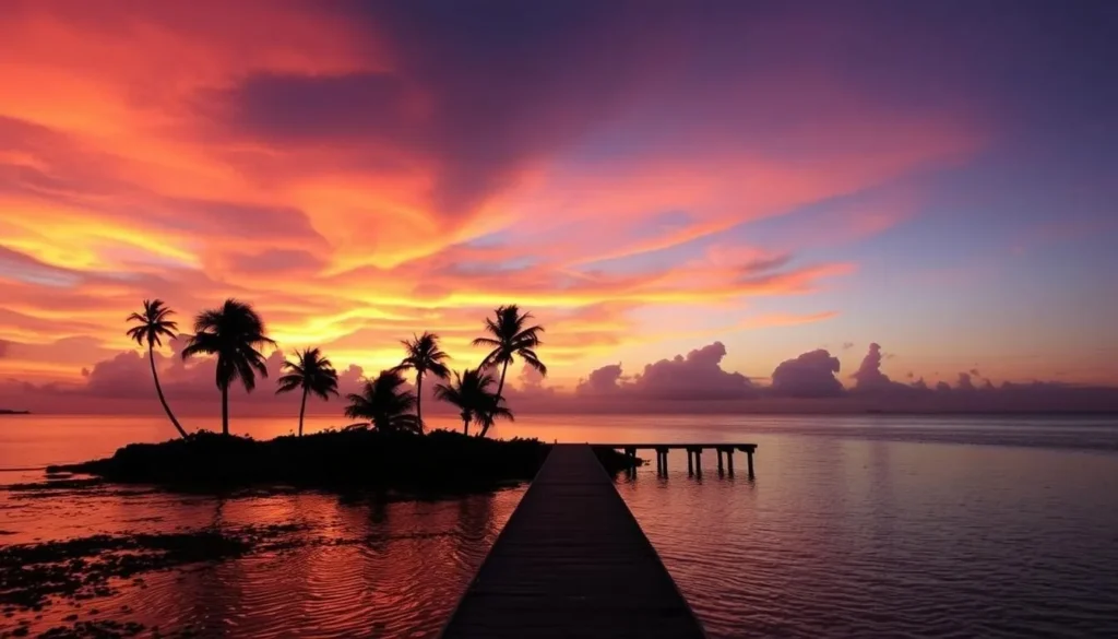 Sunset over Turneffe Atoll with silhouettes of palm trees and calm waters