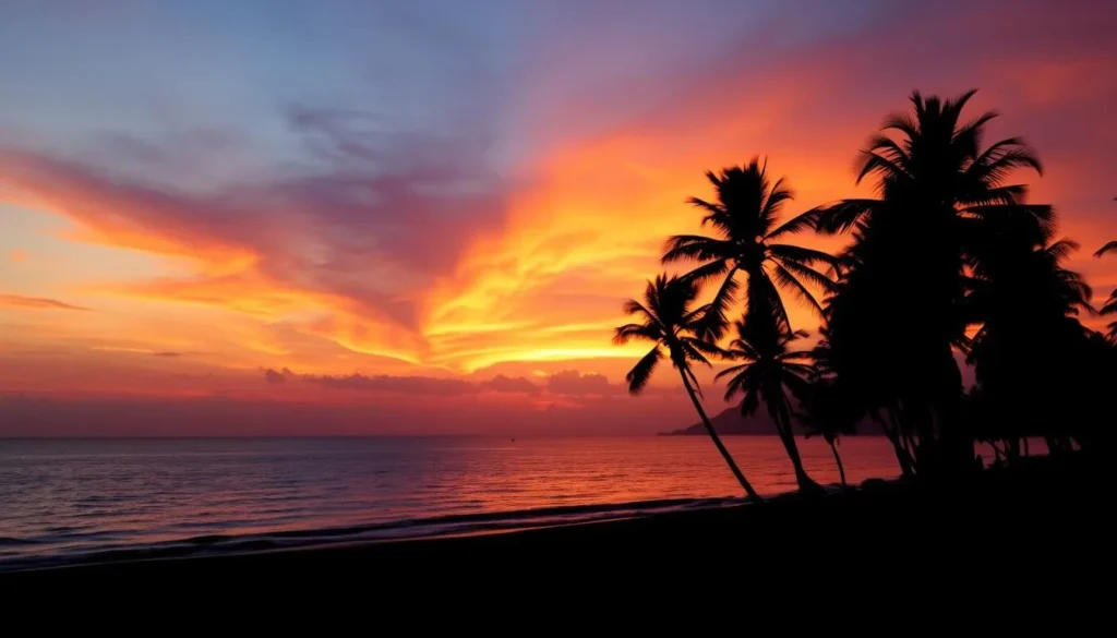Sunset over Velanai Island with silhouettes of palmyra trees Sunset over Velanai Island with silhouettes of palmyra trees