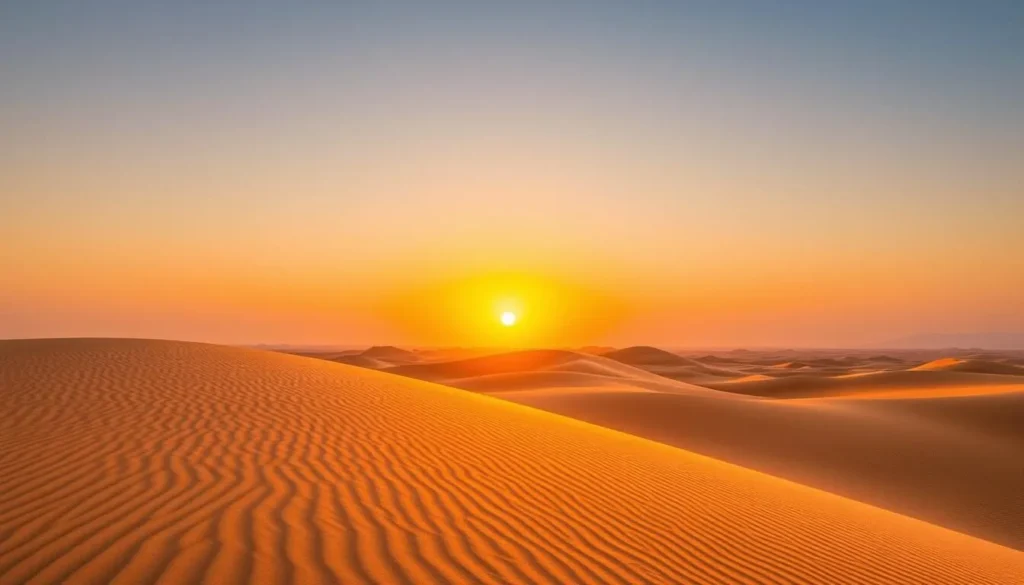Sunset over Wahiba Sands, Oman with golden light on the dunes