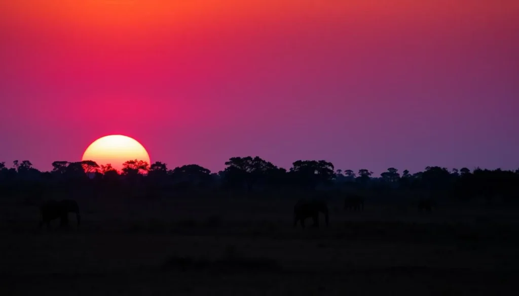 Sunset over Wasgamuwa National Park with silhouettes of elephants and trees