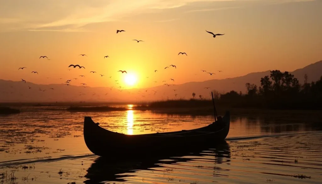 Sunset over Wasur National Park with silhouettes of wildlife and traditional canoe