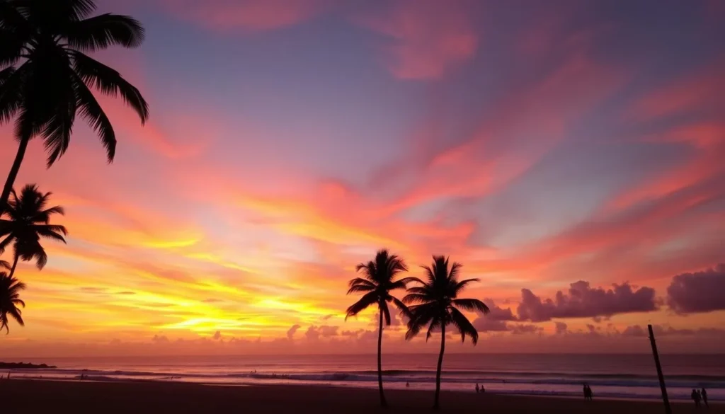 Sunset over Weligama Bay with silhouettes of palm trees and surfers
