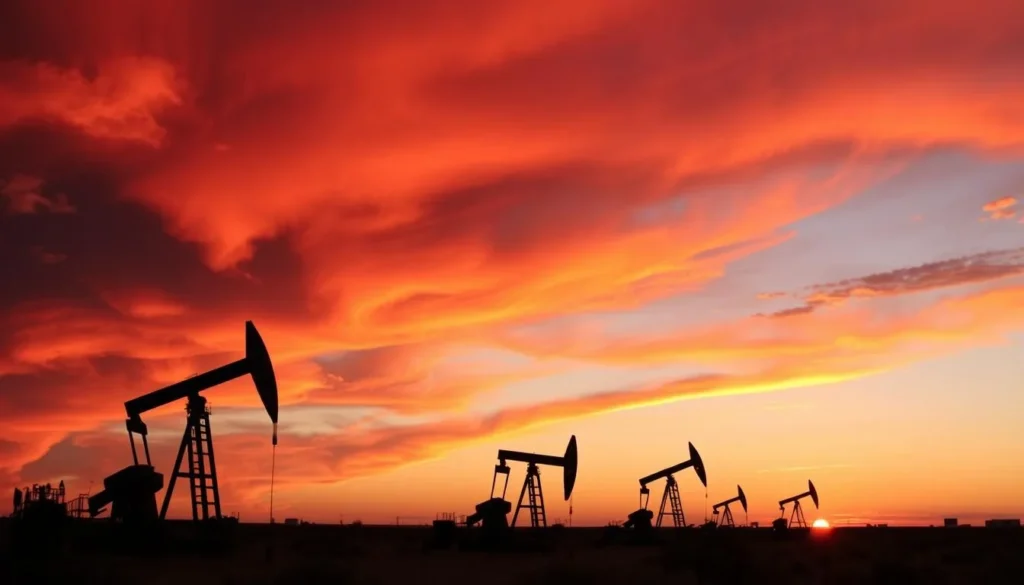 Sunset over West Odessa Texas with silhouettes of oil pumps Sunset over West Odessa Texas with silhouettes of oil pumps