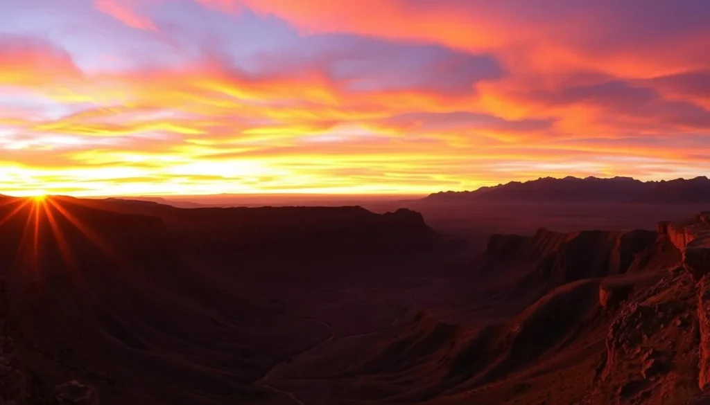 Sunset over Wilpena Pound in Flinders Ranges National Park with dramatic orange and purple sky