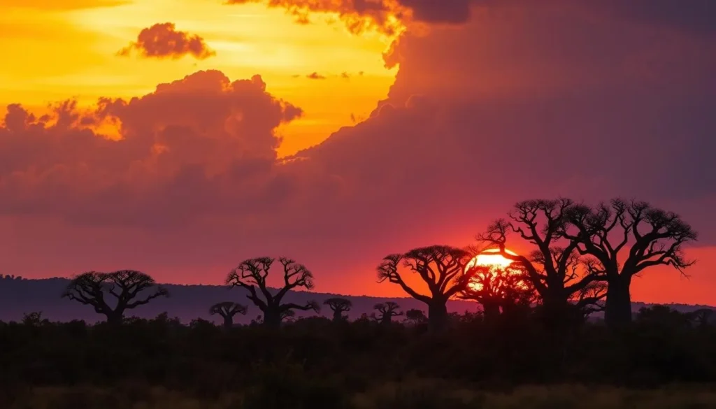 Sunset over Zombitse-Vohibasia National Park with silhouettes of baobab trees