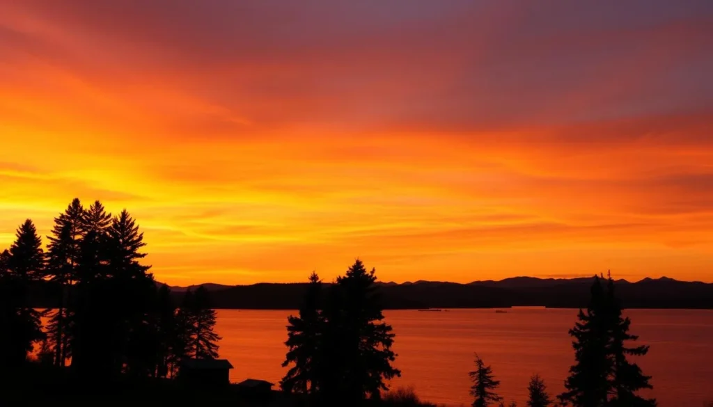 Sunset over a Russian lake with silhouettes of trees and mountains Sunset over a Russian lake with silhouettes of trees and mountains