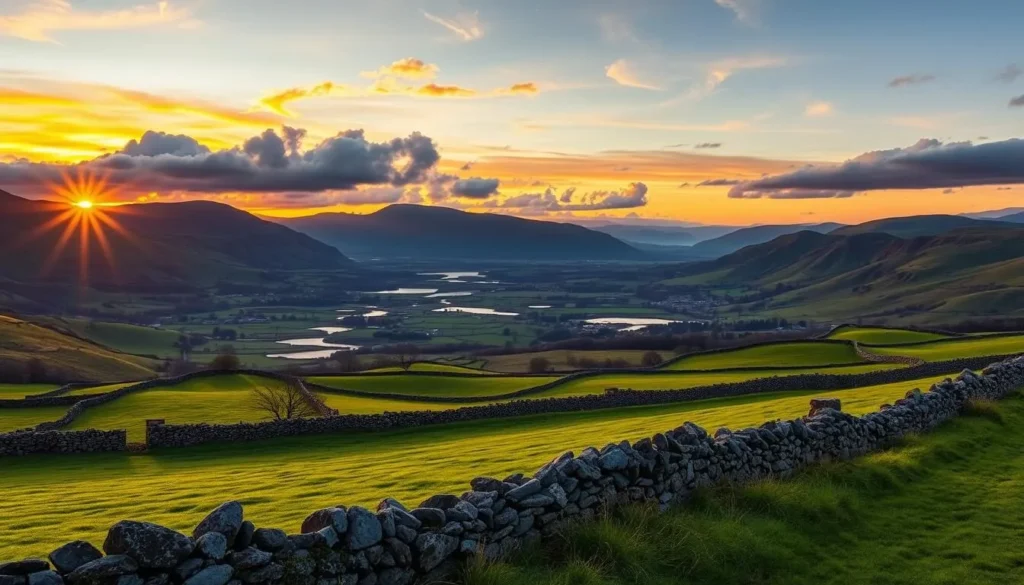 Sunset over a Welsh valley with mountains, lakes and traditional stone walls