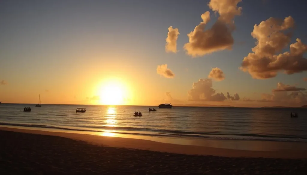 Sunset over a beach in Saint Mary, Antigua during the dry season with perfect weather conditions
