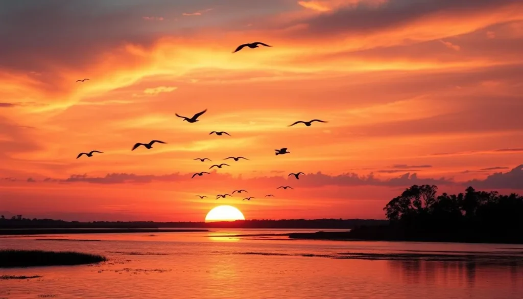 Sunset over a lagoon in Yala National Park with birds flying