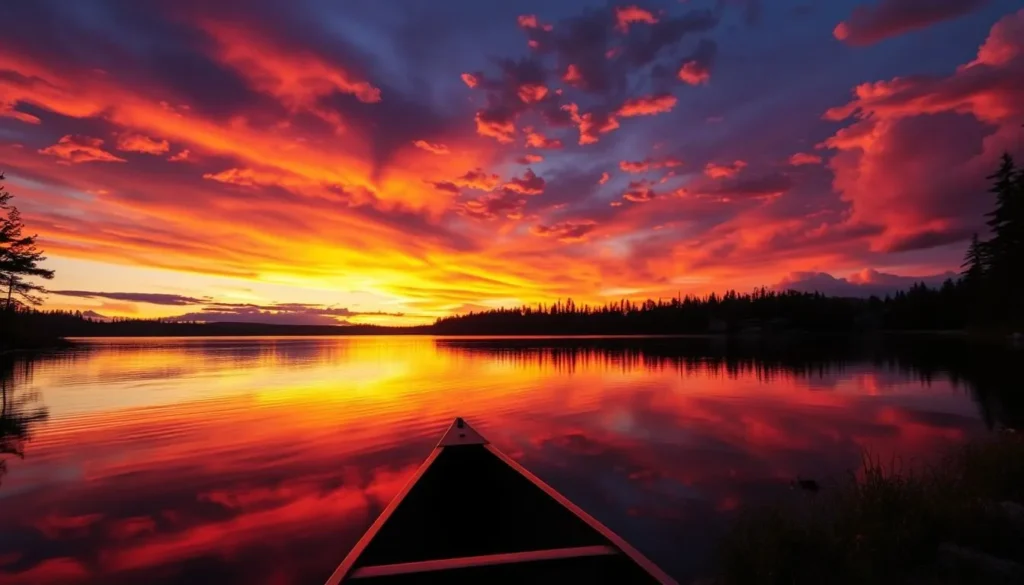 Sunset over a lake in Kawartha Highlands Provincial Park with canoe silhouette