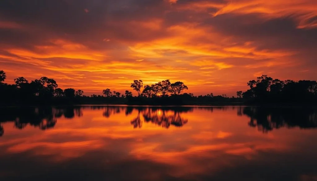 Sunset over a villu (lake) in Wilpattu National Park with silhouettes of trees
