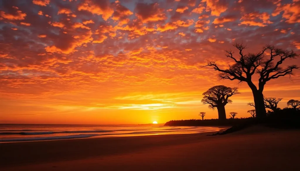 Sunset over beach and baobab trees in Kirindy Mitea National Park, Madagascar