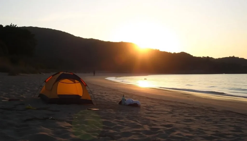 Sunset over camping site on Isla Tiburon beach