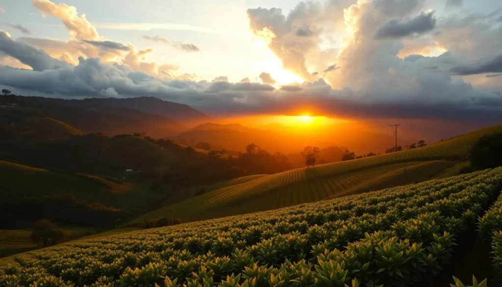 Sunset over coffee plantations in Concordia, Colombia with mountains in background