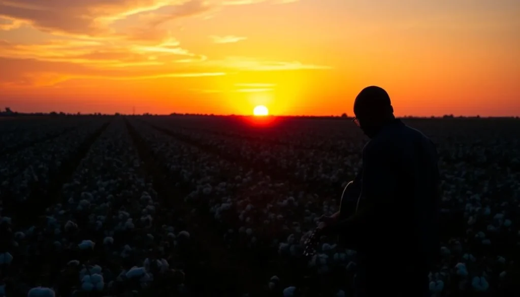 Sunset over cotton fields near Clarksdale Mississippi with blues musician silhouette