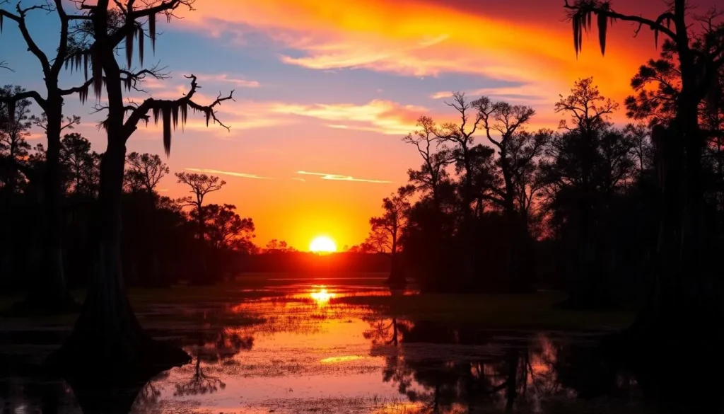 Sunset over cypress trees in Big Thicket National Preserve