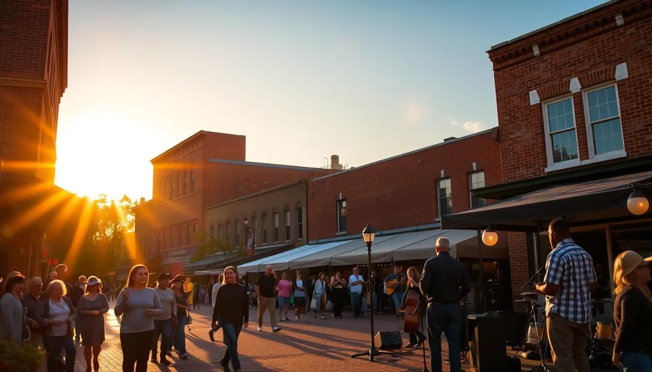 Sunset over downtown Clarksdale Mississippi with blues musicians performing outdoors during the Juke Joint Festival