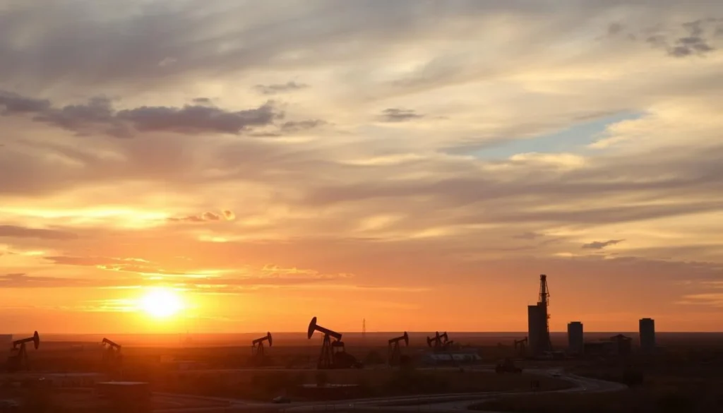 Sunset over downtown Odessa with oil pump jacks visible in the distance