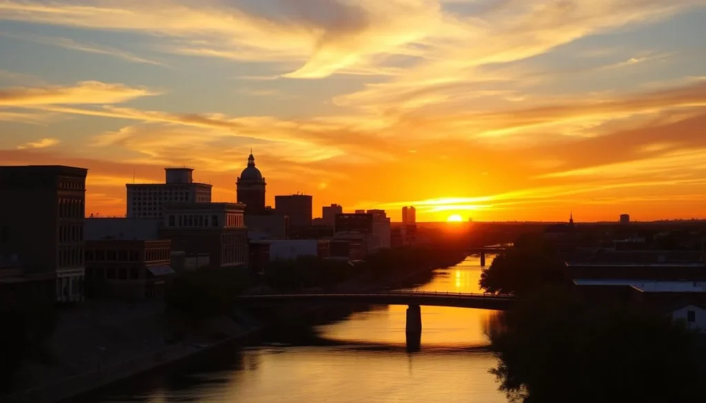 Sunset over downtown San Angelo Texas with the Concho River and historic buildings silhouetted