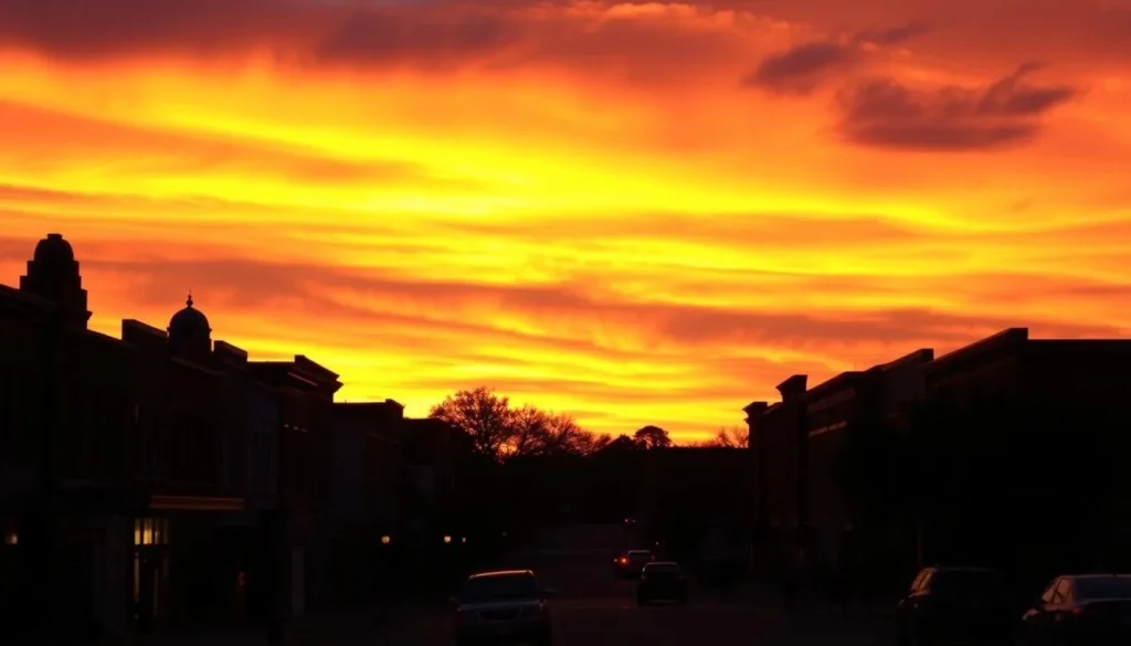 Sunset over downtown Wylie with historic buildings silhouetted against an orange and purple sky