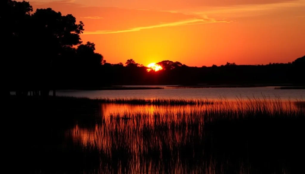 Sunset over one of the lakes at Alafia River State Park with silhouettes of trees