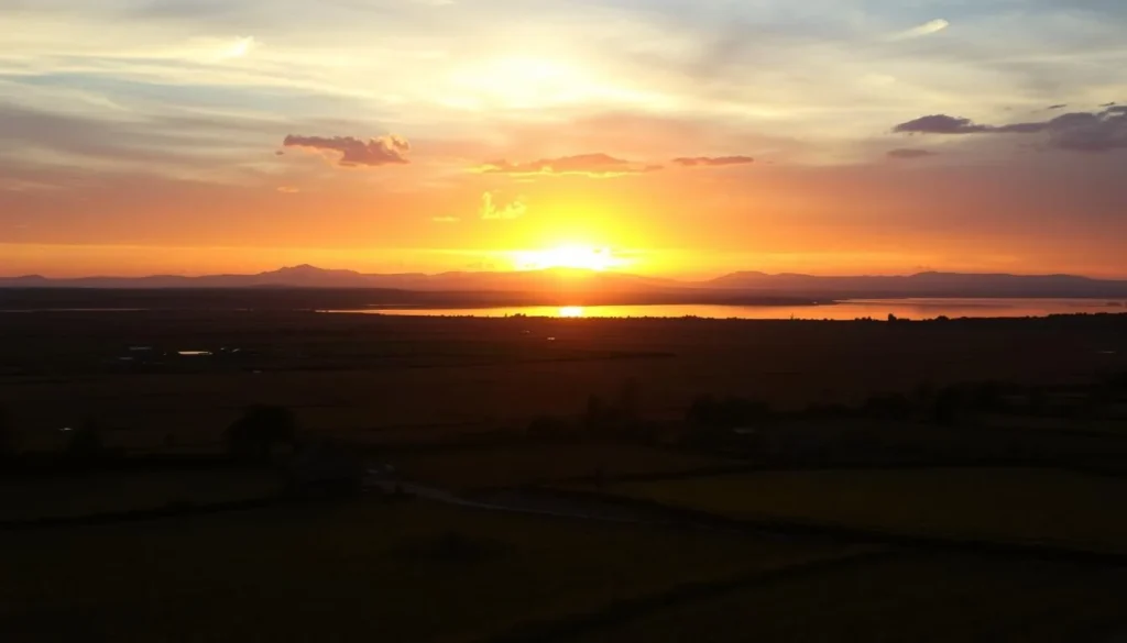 Sunset over rice fields and Lake Alaotra near Ambatondrazaka, Madagascar