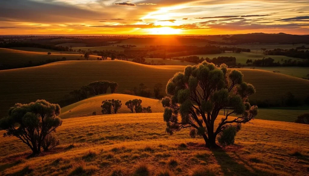 Sunset over rural New South Wales landscape with rolling hills and eucalyptus trees