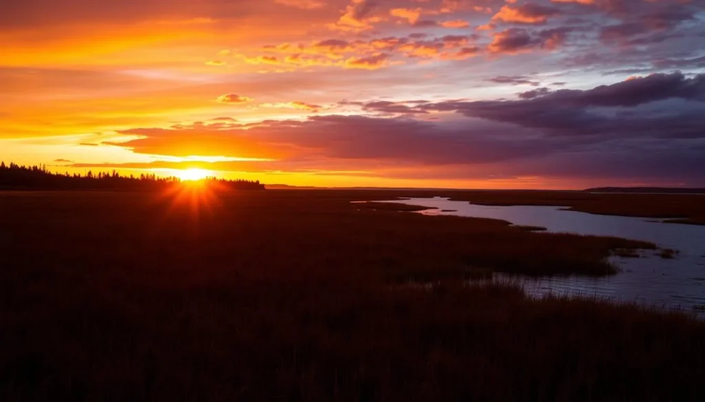 Sunset over salt marshes at Rachel Carson National Wildlife Refuge with golden light reflecting on water
