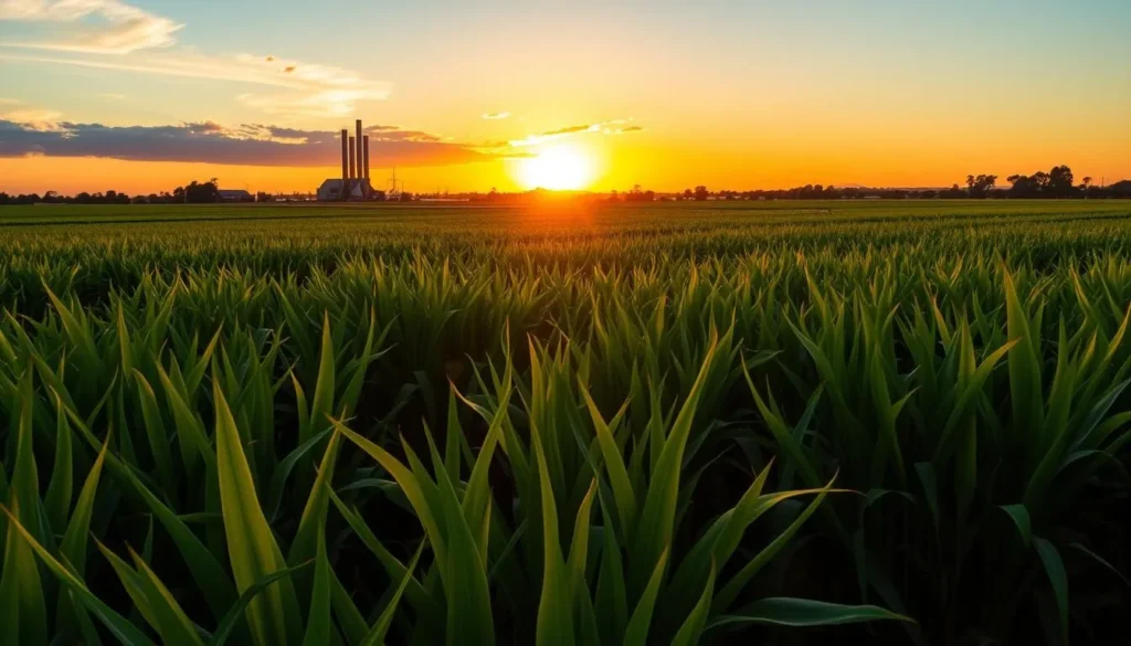 Sunset over sugarcane fields with Bundaberg Rum Distillery in the distance Sunset over sugarcane fields with Bundaberg Rum Distillery in the distance