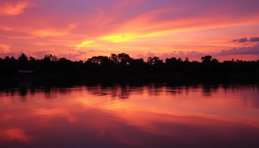 Sunset over the Amazon River in Colombia with silhouetted trees