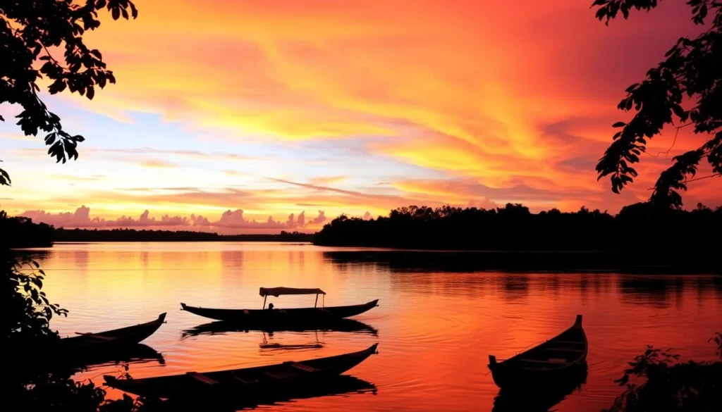 Sunset over the Amazon River with traditional boats silhouetted against the colorful sky
