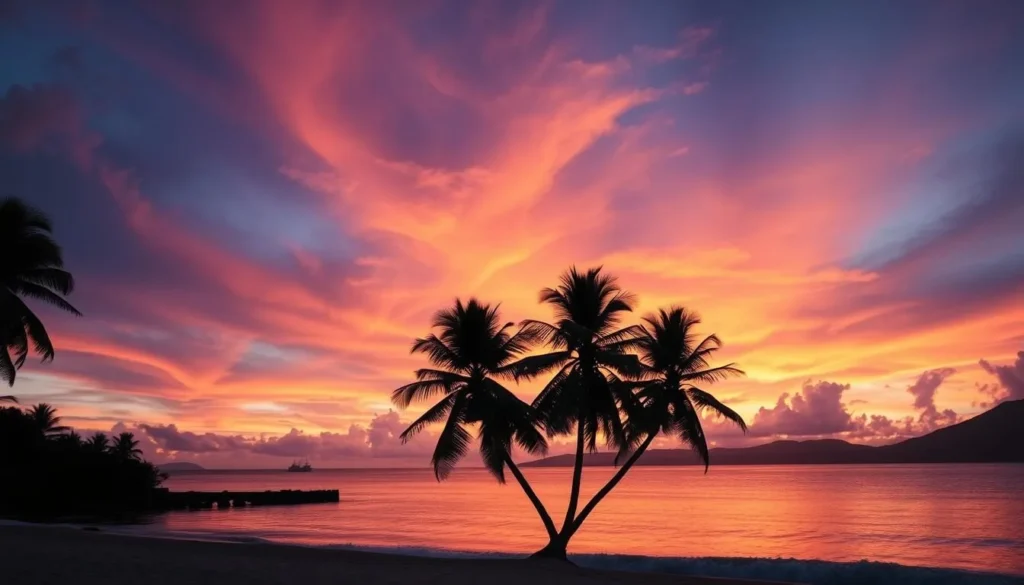 Sunset over the Bay Islands Honduras with silhouetted palm trees and a boat on the horizon