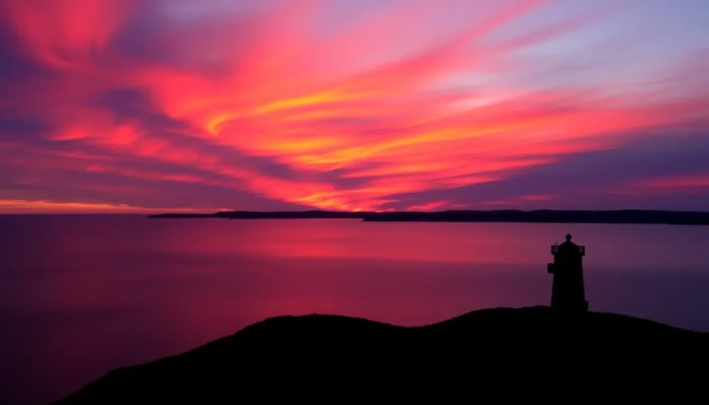Sunset over the Bay of Fundy from Campobello Island, Maine with silhouetted coastline