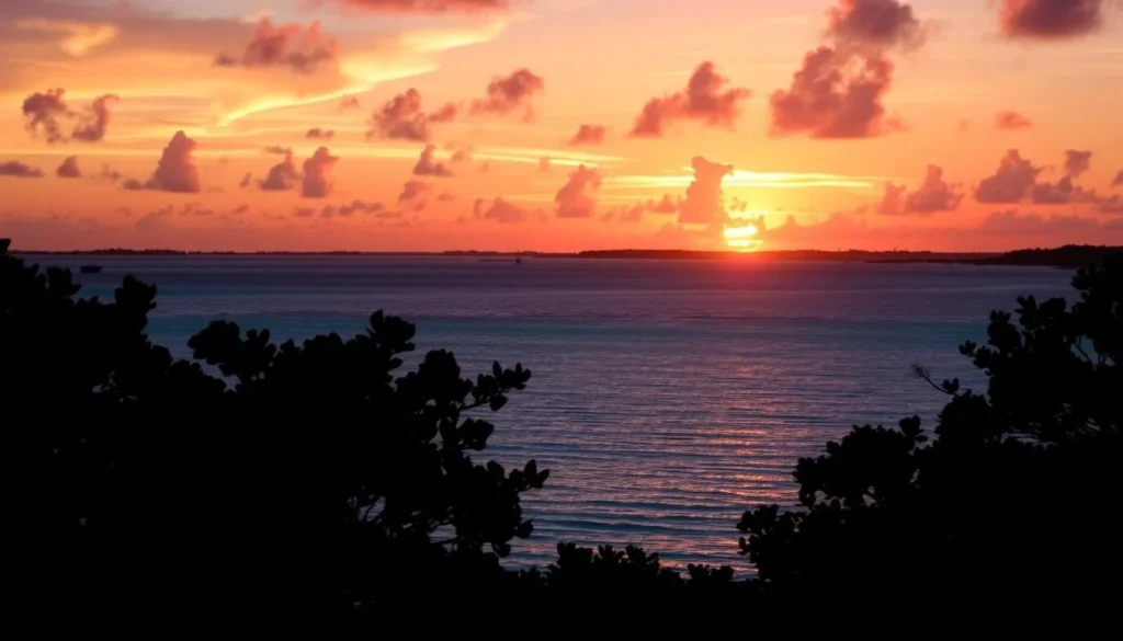 Sunset over the Bight of Acklins with silhouette of mangroves