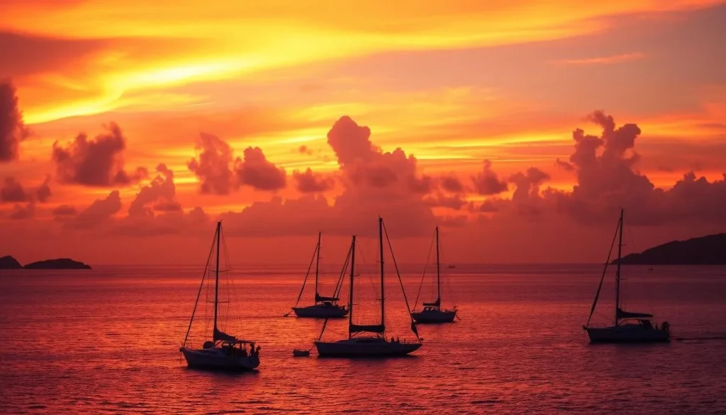 Sunset over the British Virgin Islands with sailboats silhouetted against the colorful sky Sunset over the British Virgin Islands with sailboats silhouetted against the colorful sky