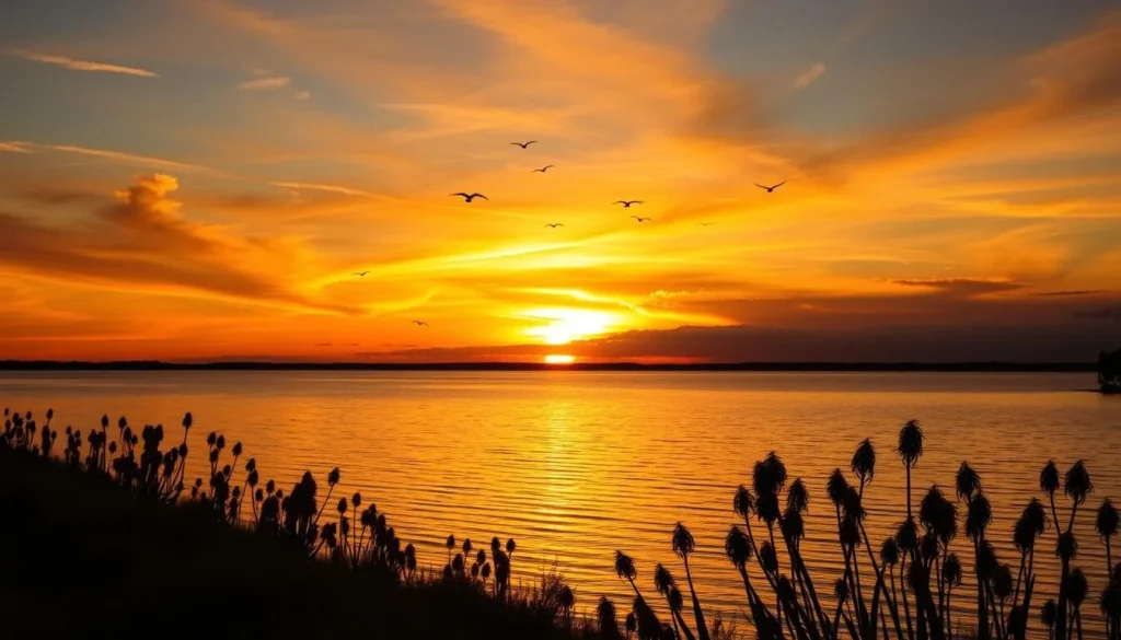 Sunset over the Coorong lagoon in Coorong National Park, South Australia with silhouettes of birds flying
