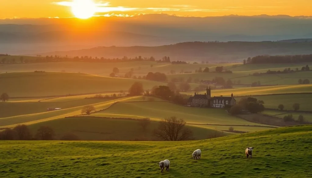 Sunset over the Cotswolds countryside with rolling hills and stone village Sunset over the Cotswolds countryside with rolling hills and stone village