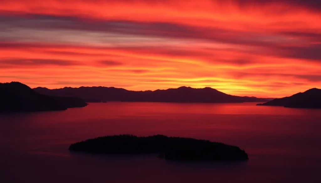 Sunset over the Great Bear Rainforest coastline with mountains silhouetted against an orange and purple sky
